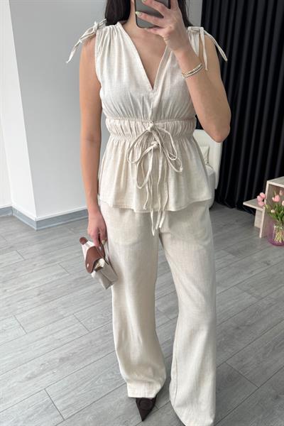 Elina Keten Dokulu Natural Bluz Pantolon Takım