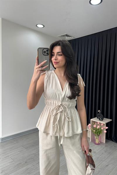 Elina Keten Dokulu Natural Bluz Pantolon Takım
