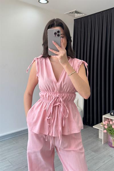 Elina Keten Dokulu Pembe Bluz Pantolon Takım