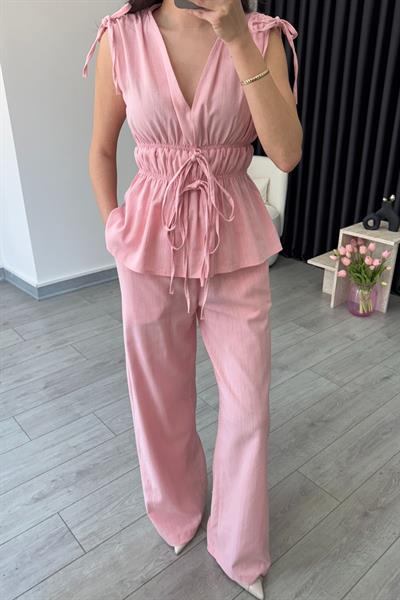 Elina Keten Dokulu Pembe Bluz Pantolon Takım