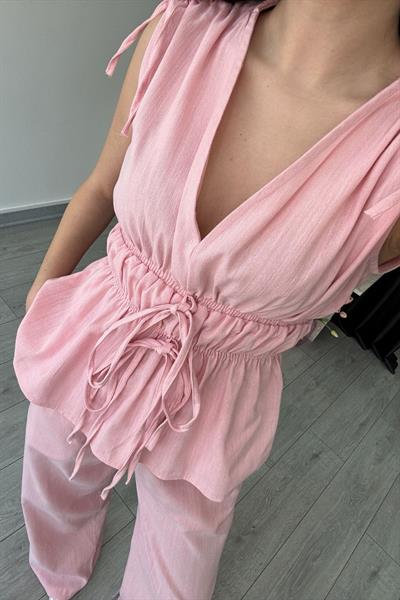 Elina Keten Dokulu Pembe Bluz Pantolon Takım