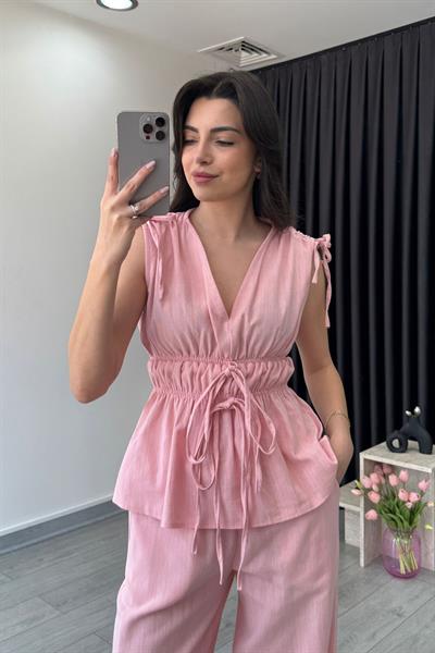 Elina Keten Dokulu Pembe Bluz Pantolon Takım
