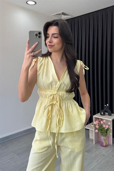 Elina Keten Dokulu Sarı Bluz Pantolon Takım