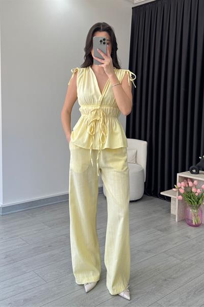 Elina Keten Dokulu Sarı Bluz Pantolon Takım