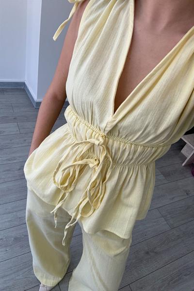 Elina Keten Dokulu Sarı Bluz Pantolon Takım