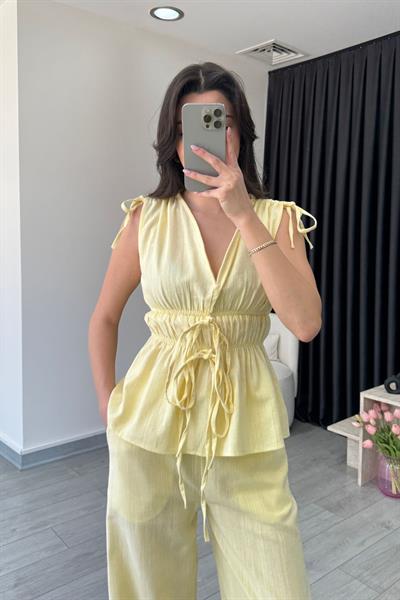 Elina Keten Dokulu Sarı Bluz Pantolon Takım
