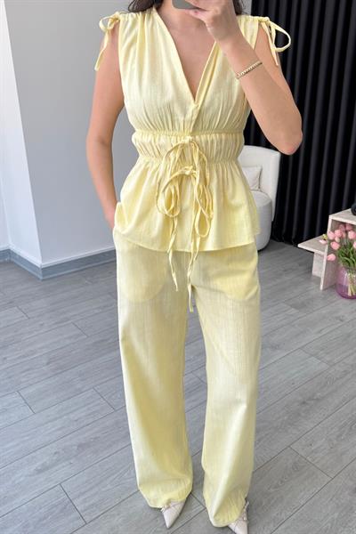 Elina Keten Dokulu Sarı Bluz Pantolon Takım