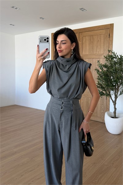 Elora Antrasit Tasarım Bluz Pantolon Takım