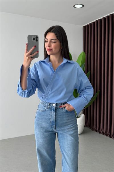 Elora Mavi Kruvaze Poplin Gömlek