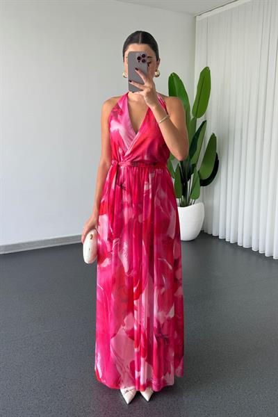 Erin Pembe Desenli Kuşaklı Tül Elbise