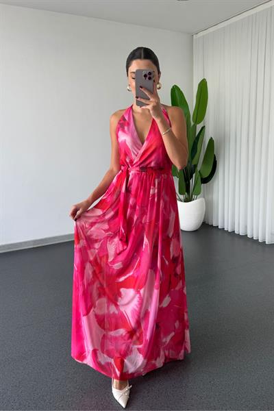 Erin Pembe Desenli Kuşaklı Tül Elbise