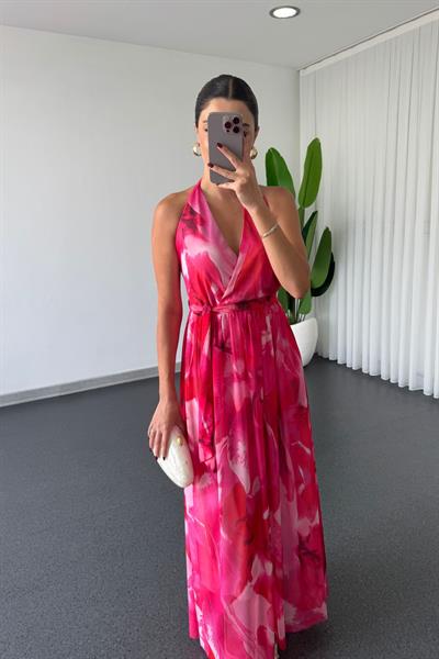 Erin Pembe Desenli Kuşaklı Tül Elbise