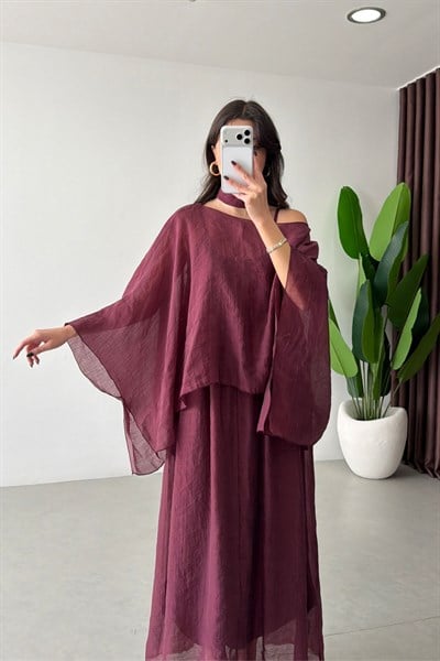 Esle Bordo Şifon Pelerin Elbise Takım