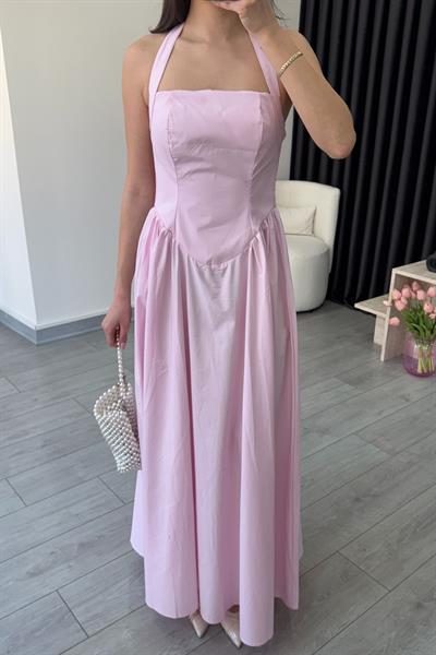 Ester Boyundan Askılı Pembe Maxi Elbise