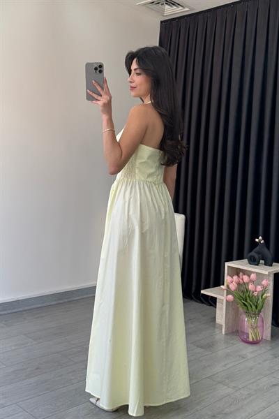 Ester Boyundan Askılı Sarı Maxi Elbise
