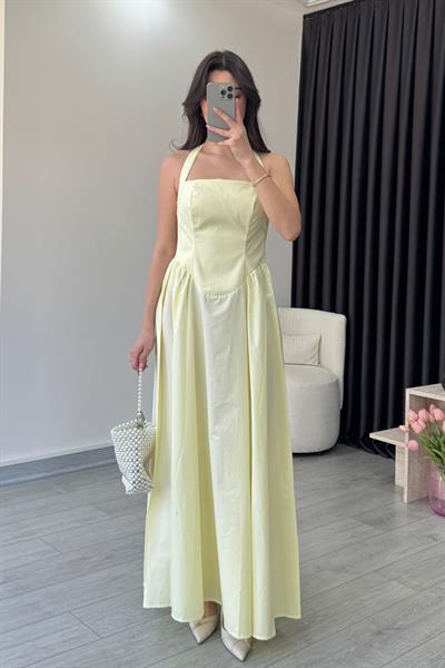 Ester Boyundan Askılı Sarı Maxi Elbise