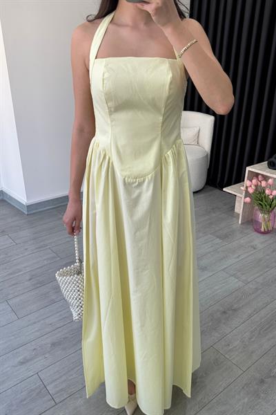 Ester Boyundan Askılı Sarı Maxi Elbise