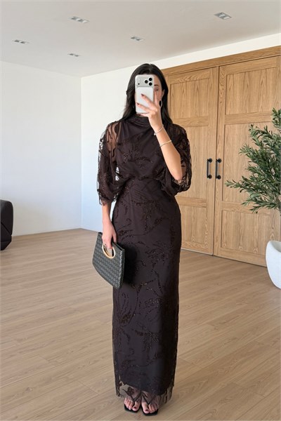Ester Kahve Büzgülü Parıltılı Tül Elbise