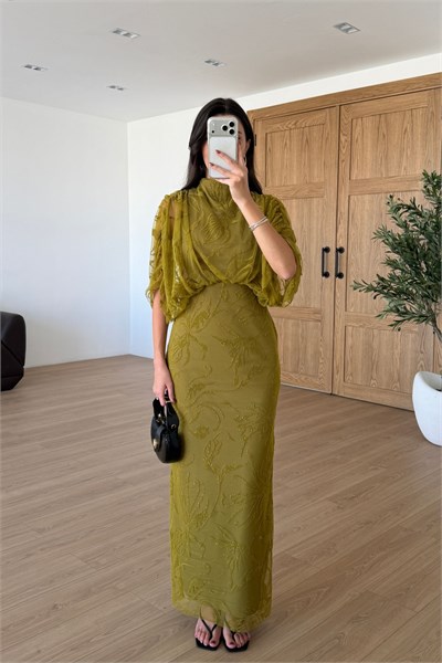 Ester Yağ Yeşili Büzgülü Parıltılı Tül Elbise