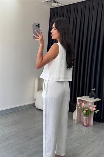 Eva Ekru Parlak Kumaş Taş Detaylı Takım