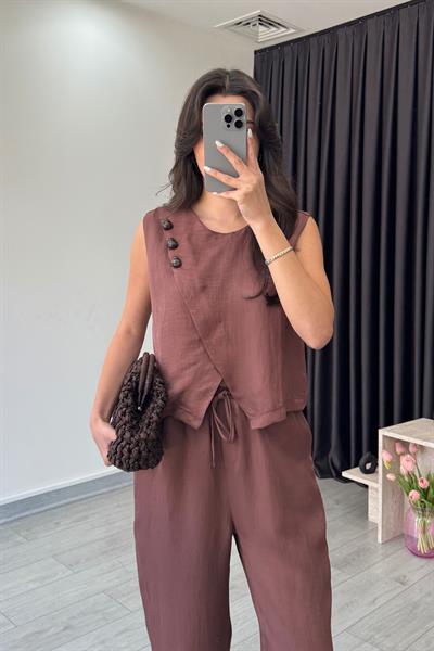 Eva Gül Kurusu Parlak Kumaş Taş Detaylı Takım