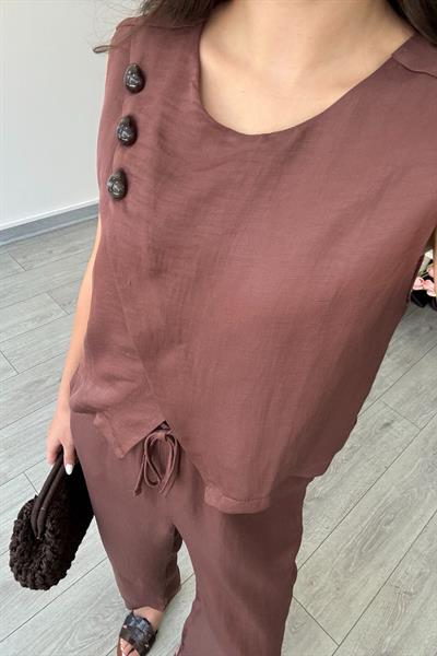 Eva Gül Kurusu Parlak Kumaş Taş Detaylı Takım