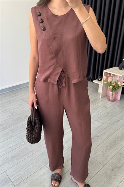 Eva Gül Kurusu Parlak Kumaş Taş Detaylı Takım