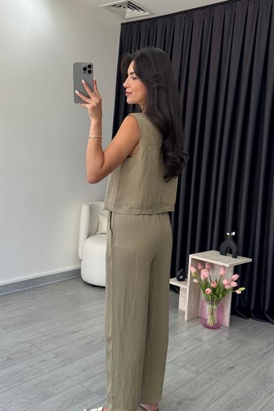Eva Haki Parlak Kumaş Taş Detaylı Takım