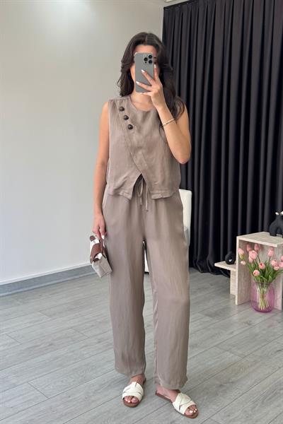 Eva Vizon Parlak Kumaş Taş Detaylı Takım