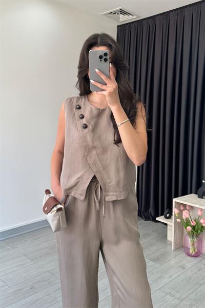 Eva Vizon Parlak Kumaş Taş Detaylı Takım