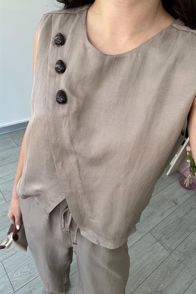 Eva Vizon Parlak Kumaş Taş Detaylı Takım