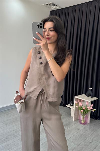 Eva Vizon Parlak Kumaş Taş Detaylı Takım