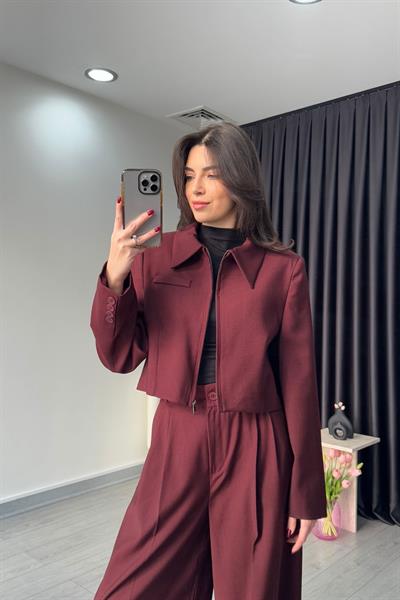 Fermuarlı Bordo Crop Ceket