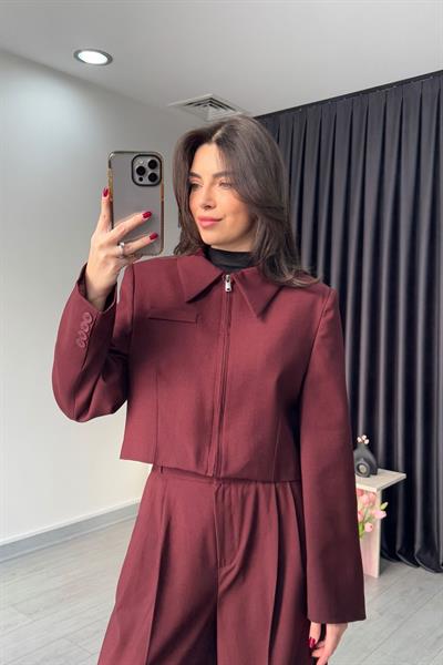 Fermuarlı Bordo Crop Ceket