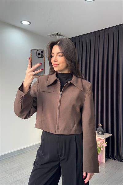 Fermuarlı Kahve Crop Ceket