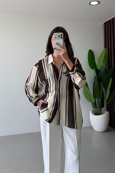 Ferna Kahve Dokulu Oversize Gömlek 