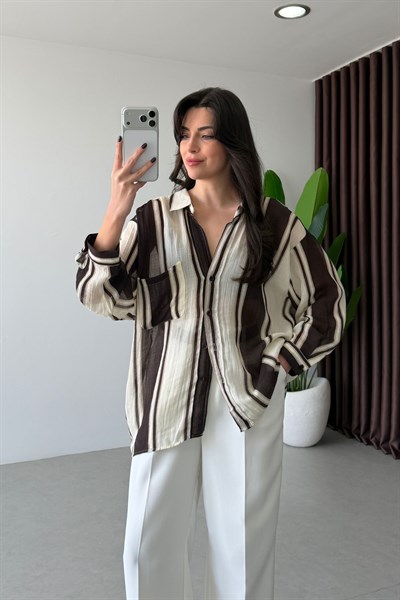 Ferna Kahve Dokulu Oversize Gömlek 