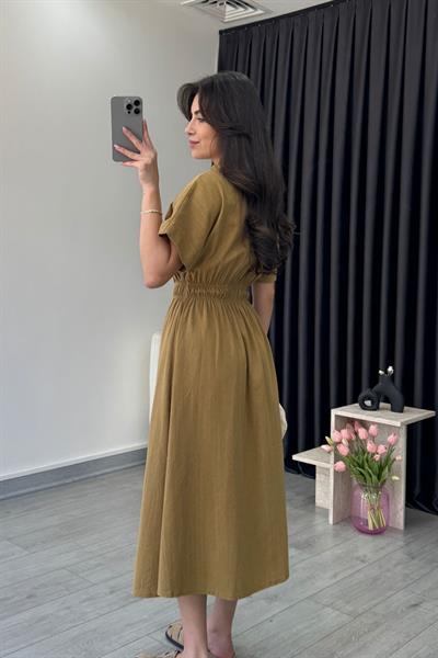 Ferra Hardal Düğme Detay Keten Elbise