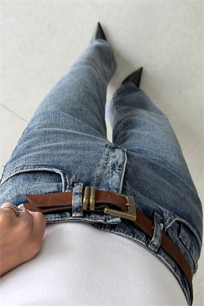 Ferra Mavi Yıkamalı Kemerli Wide Leg Jean