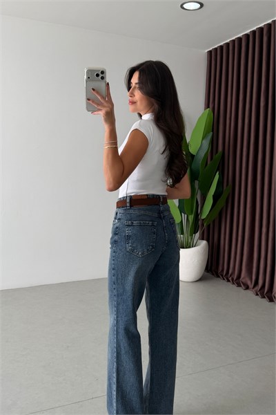 Ferra Mavi Yıkamalı Kemerli Wide Leg Jean