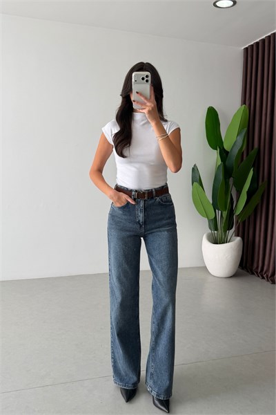 Ferra Mavi Yıkamalı Kemerli Wide Leg Jean