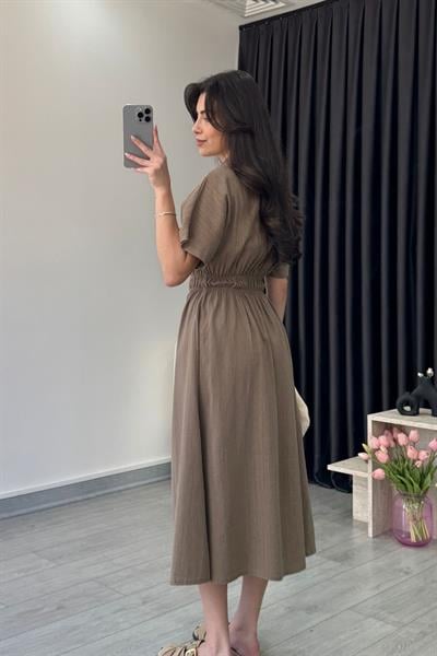 Ferra Vizon Düğme Detay Keten Elbise