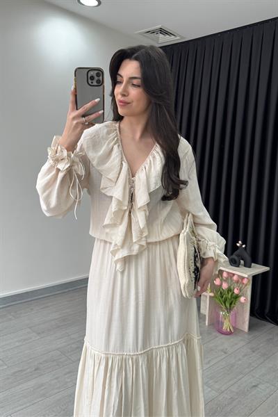 Fırfır Detay Krem Şifon Maxi Elbise