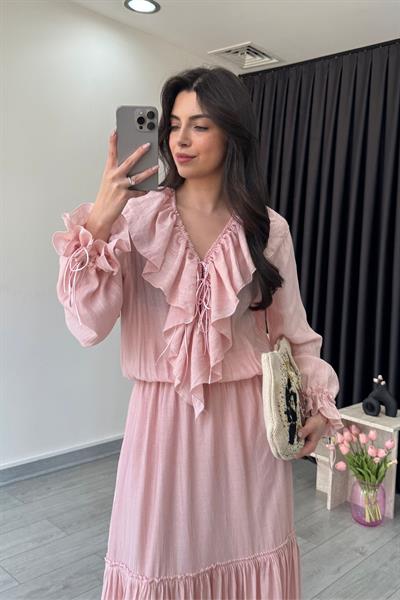 Fırfır Detay Pembe Şifon Maxi Elbise