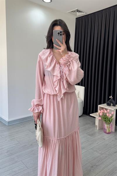 Fırfır Detay Pembe Şifon Maxi Elbise