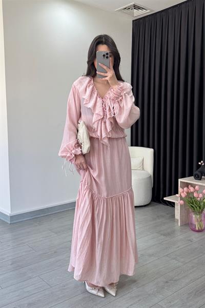 Fırfır Detay Pembe Şifon Maxi Elbise