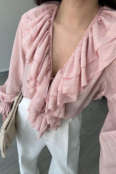 Fırfır Yaka Pembe Şifon Bluz