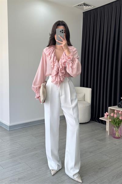 Fırfır Yaka Pembe Şifon Bluz