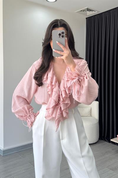 Fırfır Yaka Pembe Şifon Bluz