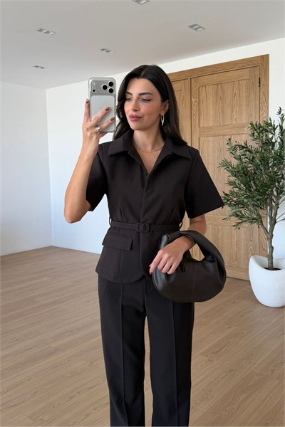 Flora Kahve Kemerli Ceket Pantolon Takım